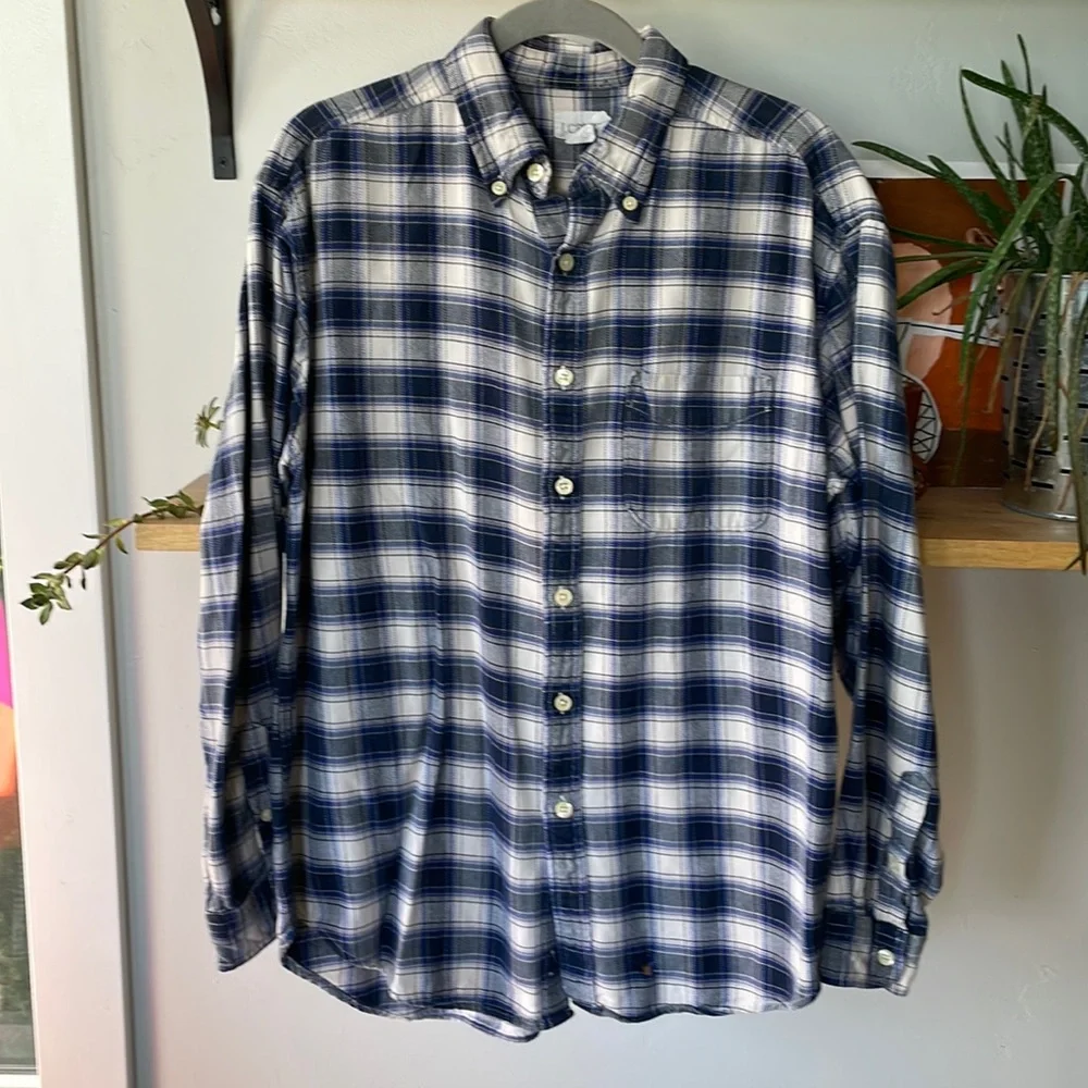 J. Crew Navy Blue White Plaid Flannel Size Medium